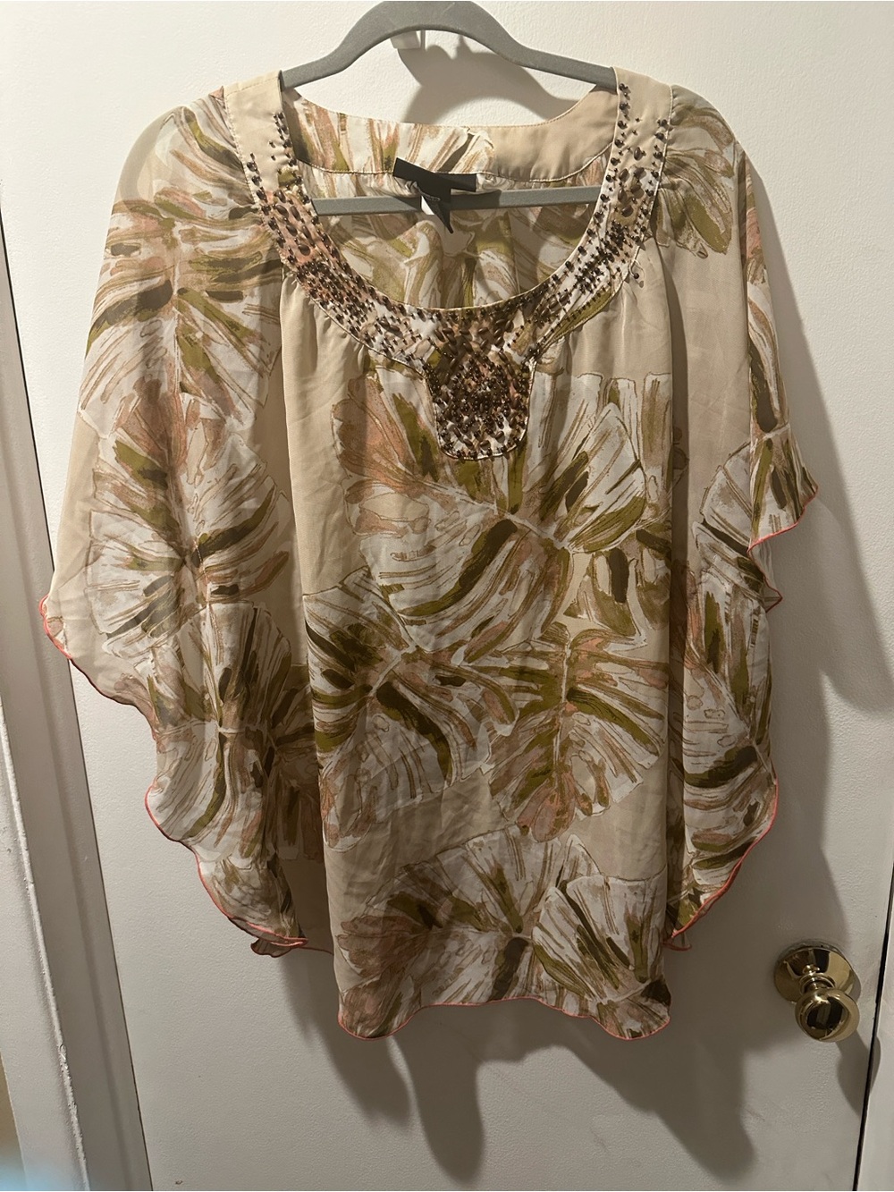 Women’s Beaded Scoop-Neck Sheer Floral Blouse in Beige and Olive size 14